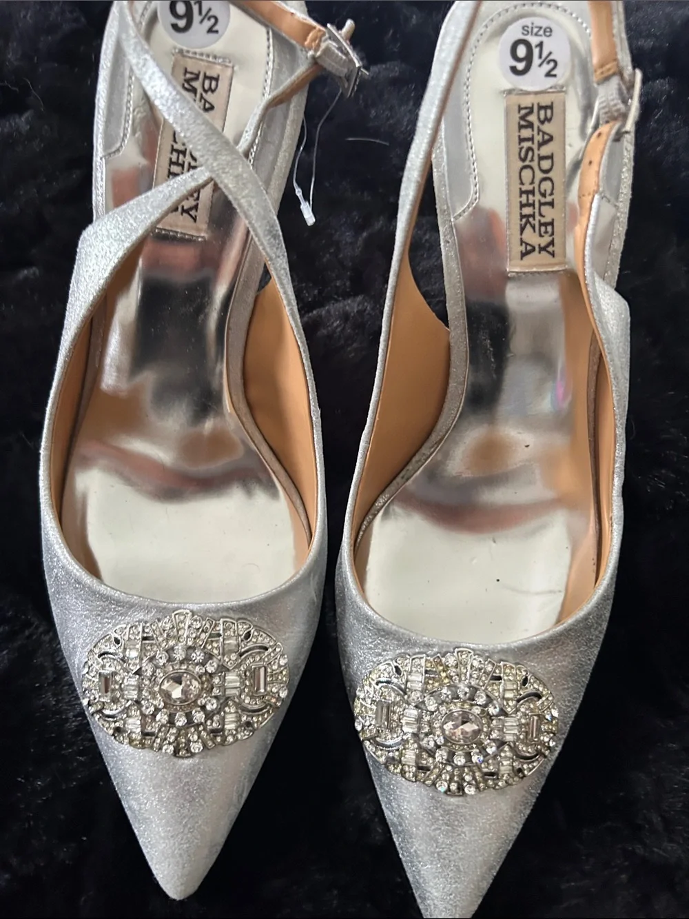 Badgley Mischka Silver Crystal-Embellished Pointed Slingback Heels